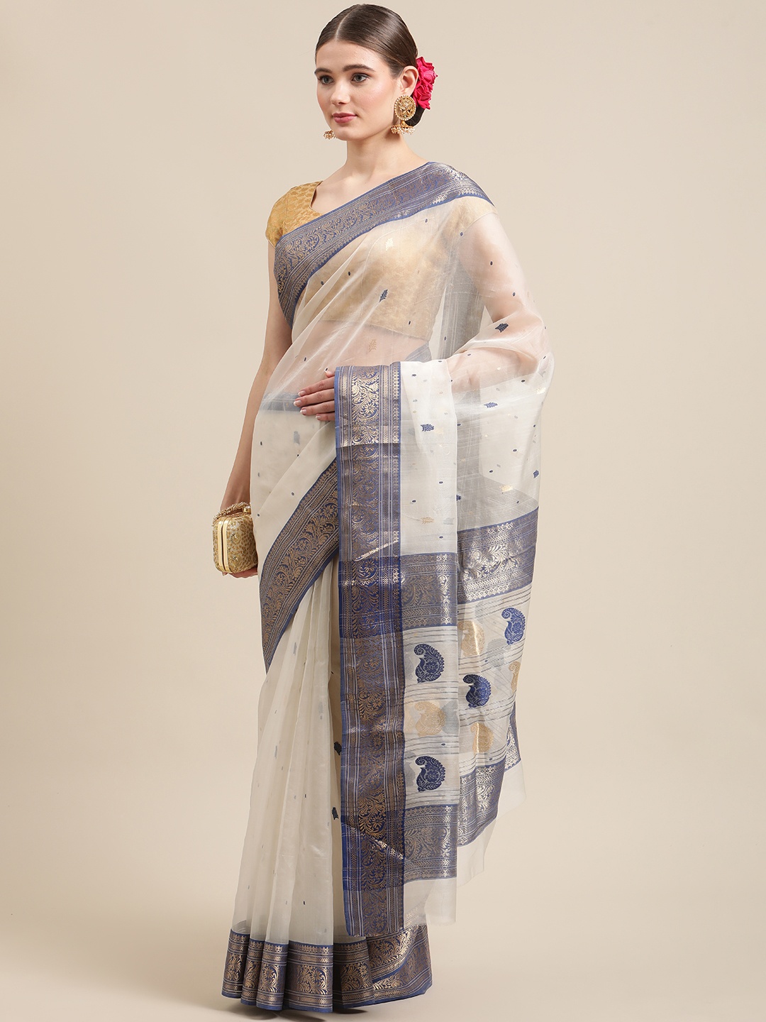 

ADITRI White & Blue Ethnic Motifs Zari Pure Silk Chanderi Saree