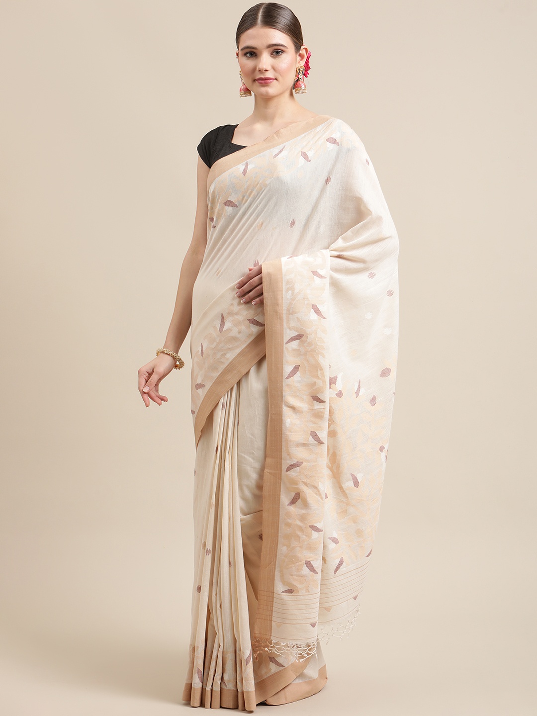 

ADITRI Cream-Coloured & Beige Ethnic Motifs Pure Cotton Jamdani Saree