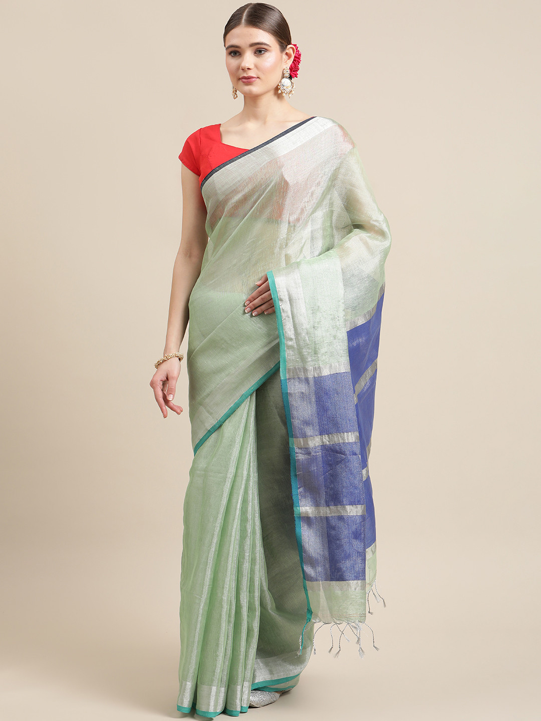 

ADITRI Mint Green & Blue Solid Zari Tissue Linen Saree