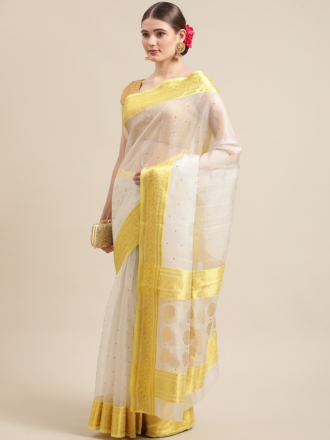 

ADITRI White & Gold-Toned Ethnic Motifs Zari Pure Silk Chanderi Saree