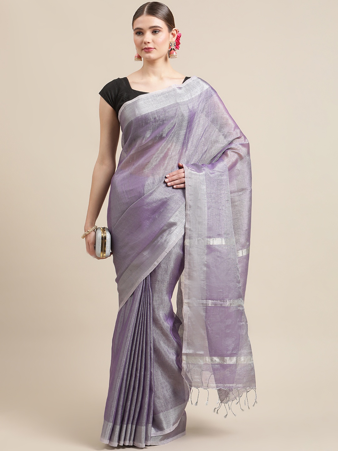 

ADITRI Handloom Purple & Silver Solid Saree