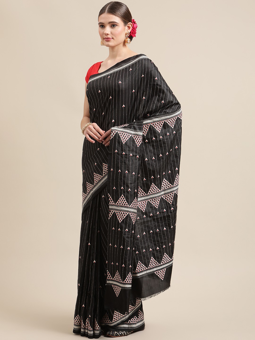 

ADITRI Black & White Geometric Kantha Work Pure Silk Saree