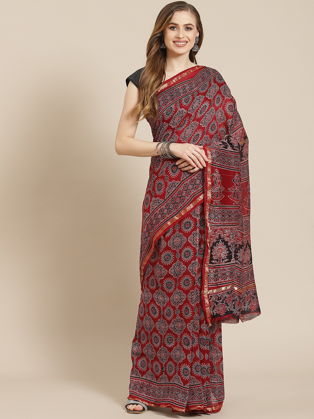 

ADITRI Red & Black Ajrakh Print Zari Chanderi Silk Block Print Saree