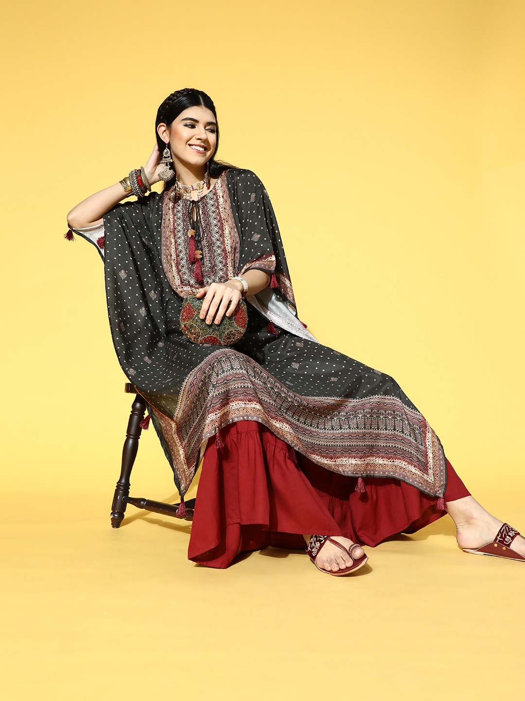 

ZOLA Black Modal Ethnic Motif Printed Kaftan Kurta