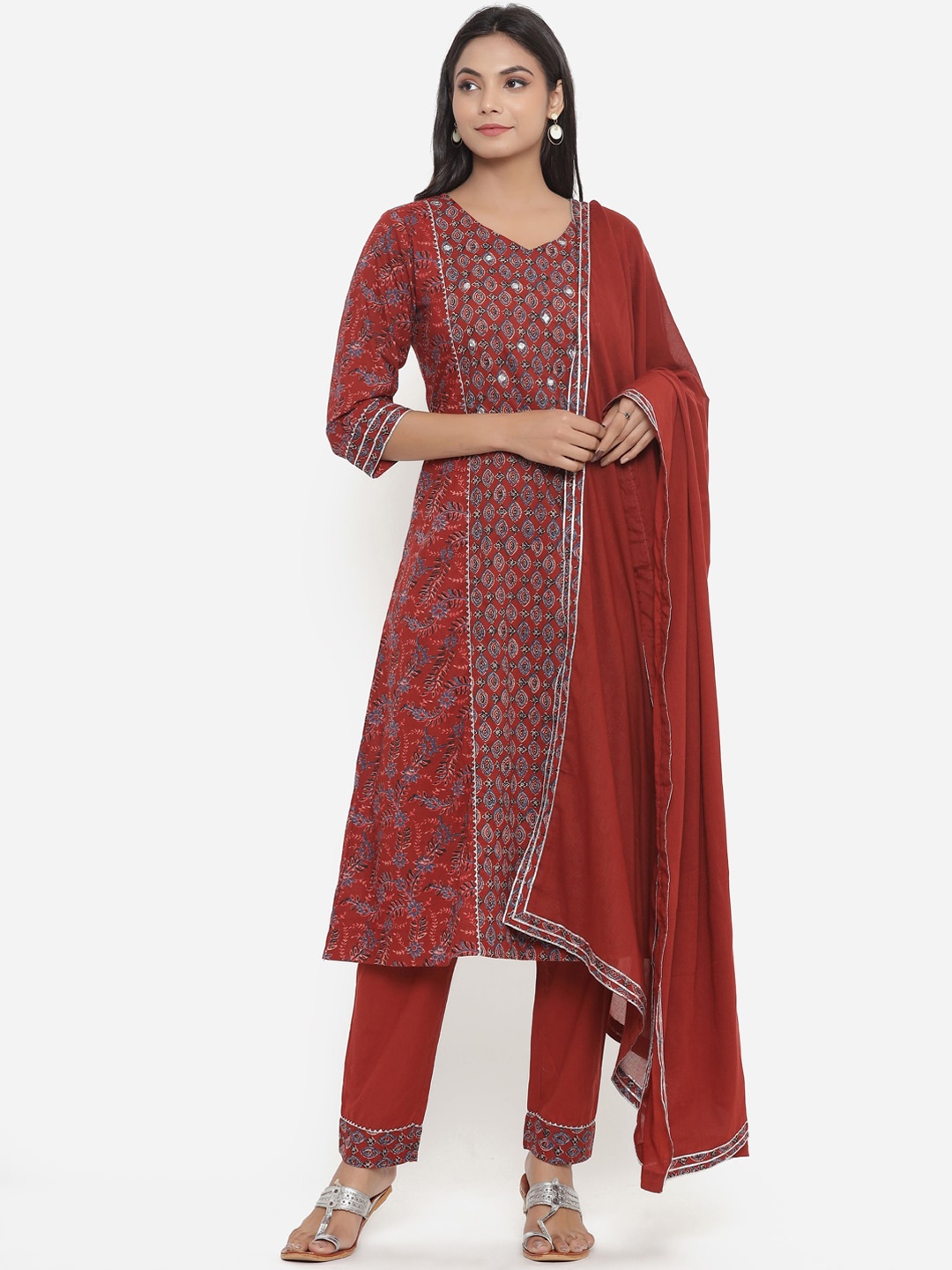 

Do Dhaage Women Maroon Printed Layered Pure Cotton Kurta with Trousers & Dupatta