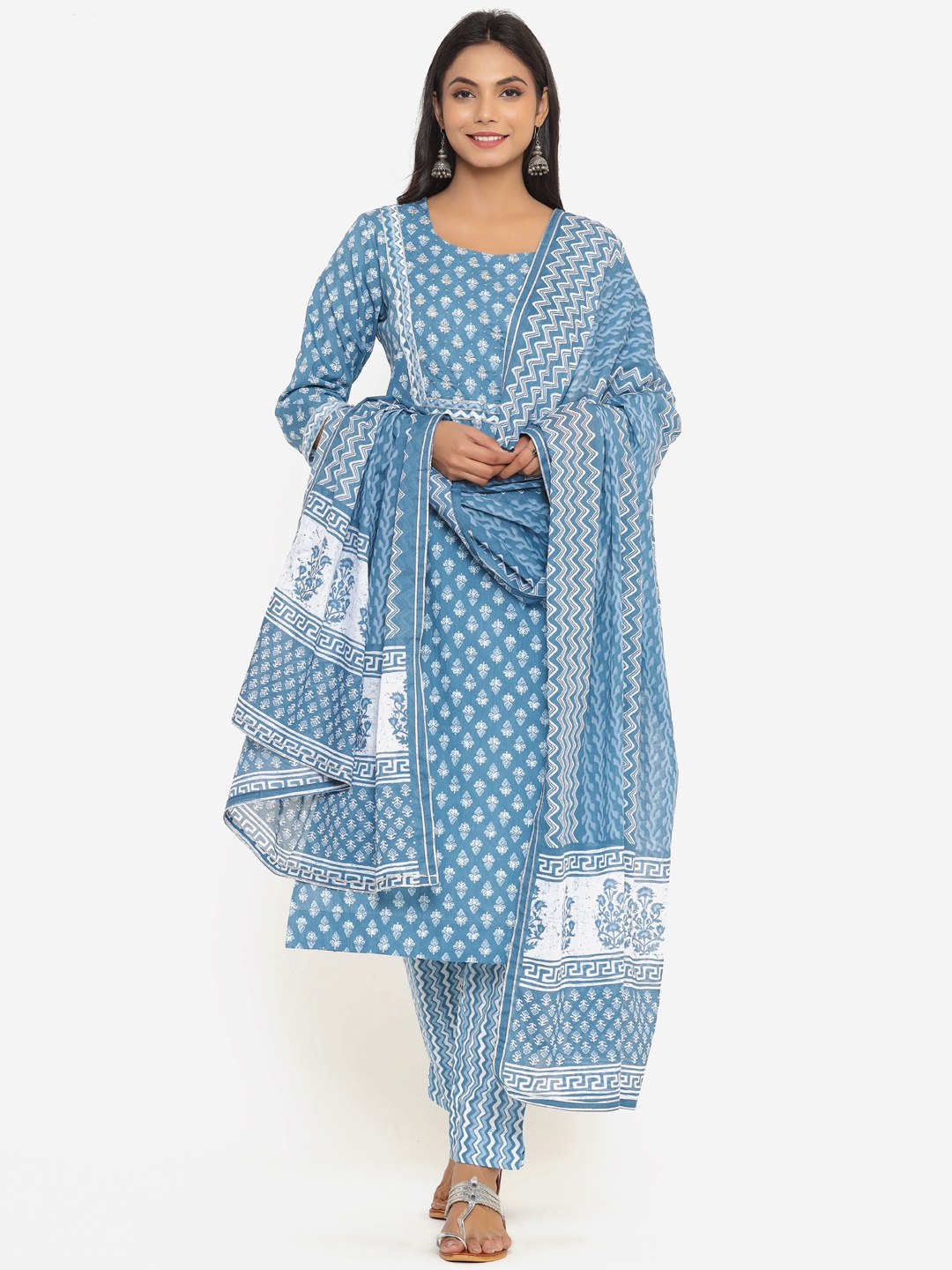 

Do Dhaage Women Blue Printed Layered Pure Cotton Kurta with Trousers & Dupatta