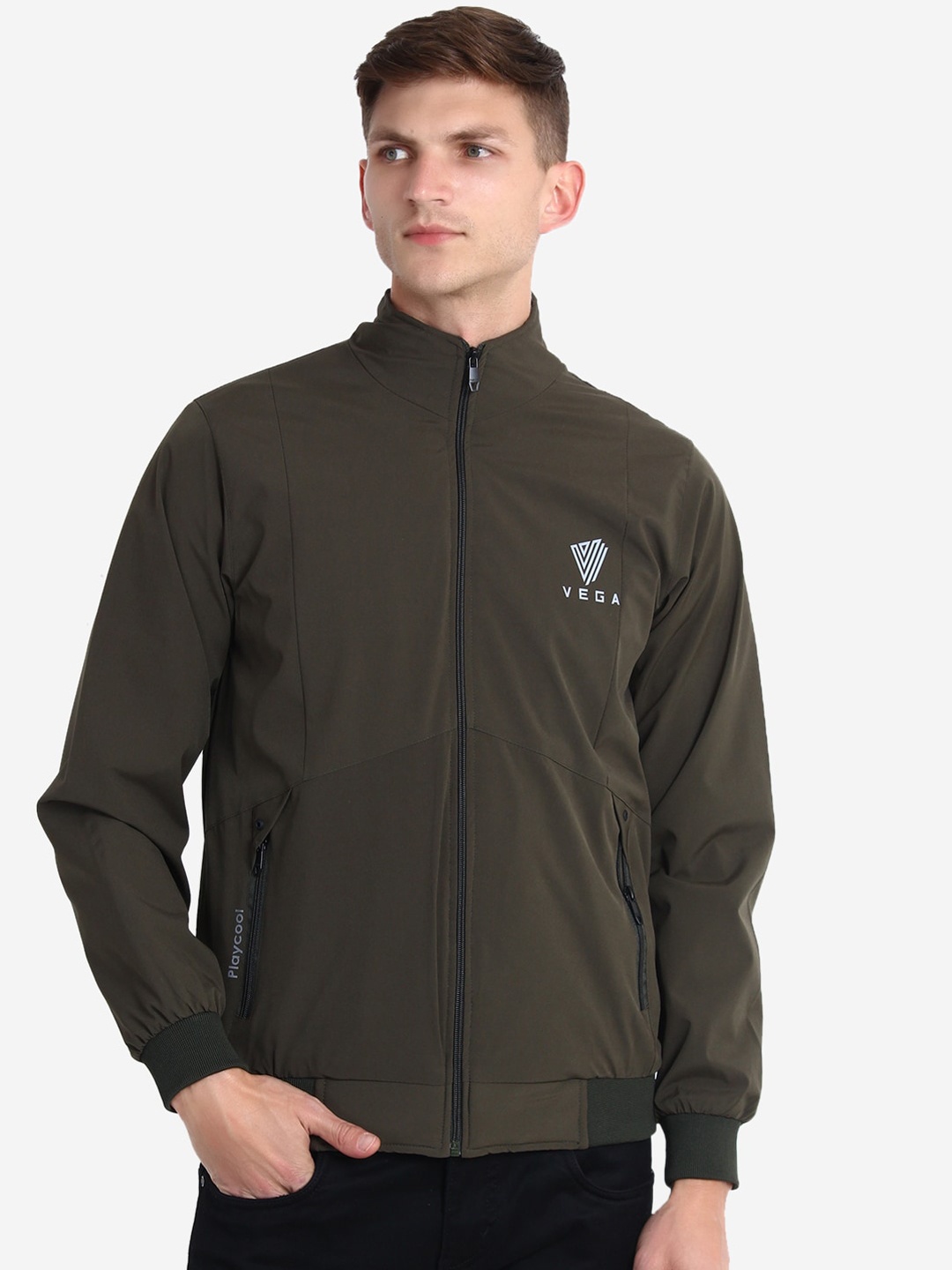 

VEGA Men Olive Green Windcheater Bomber with Embroidered Jacket