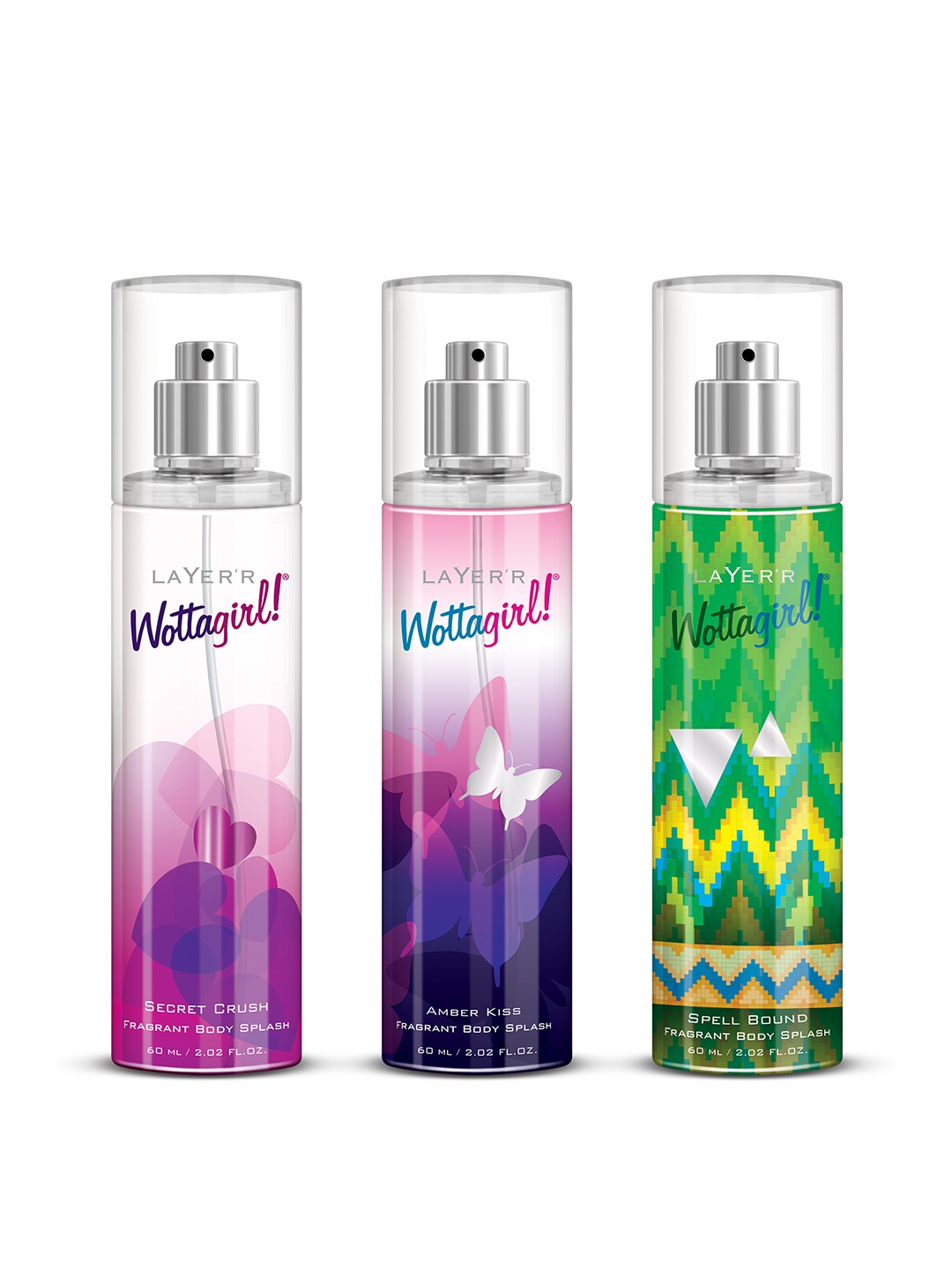 

Layerr Wottagirl Women Set of Amber Kiss, Secret Crush & Spell Bound Body Splash 60ml Each, Pink