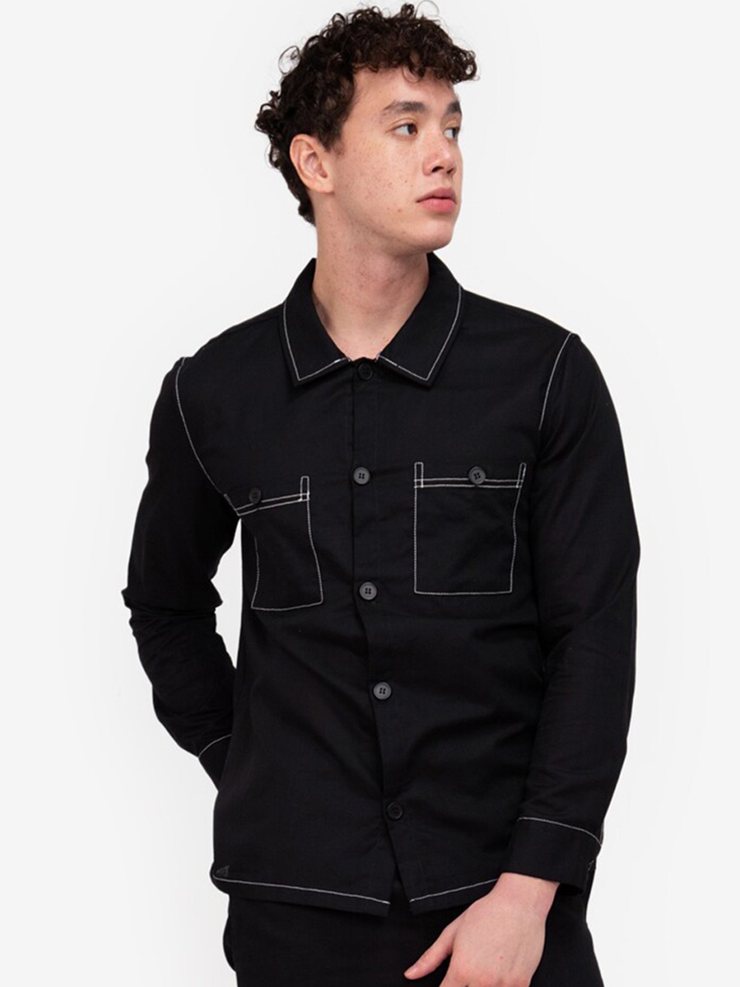 

ZALORA BASICS Men Black Linen Cotton Casual Shirt