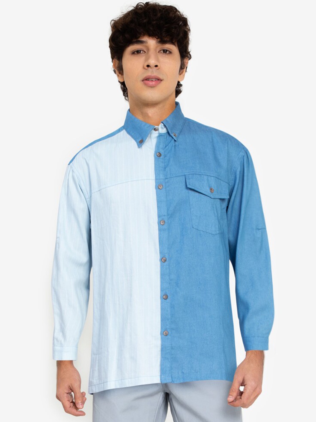 

ZALORA BASICS Men Blue Colourblocked Regular Fit Pure Cotton Casual Shirt