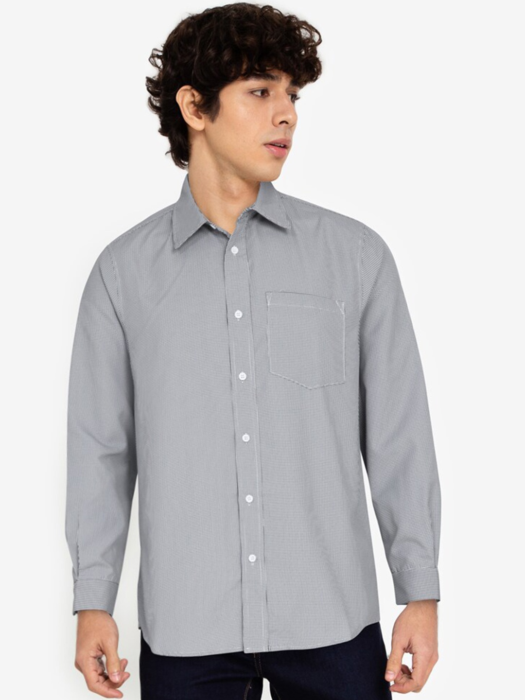 

ZALORA BASICS Men Grey Micro Checks Checked Oversized Casual Shirt