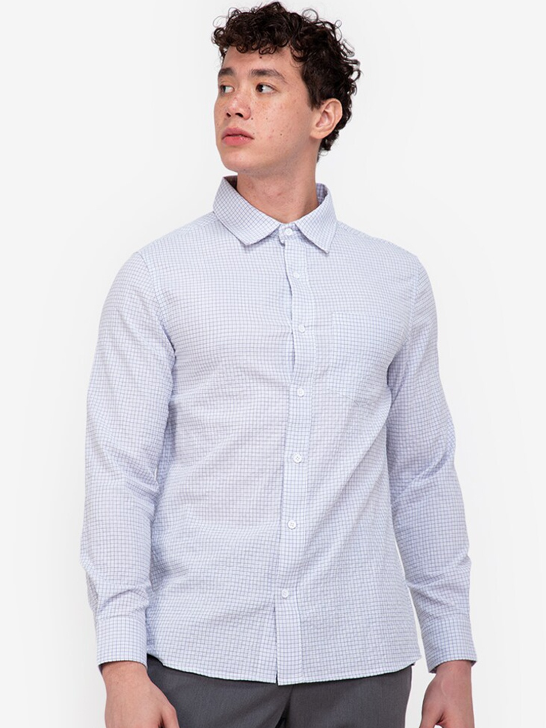 

ZALORA BASICS Men Blue Micro Checks Pure Cotton Casual Shirt