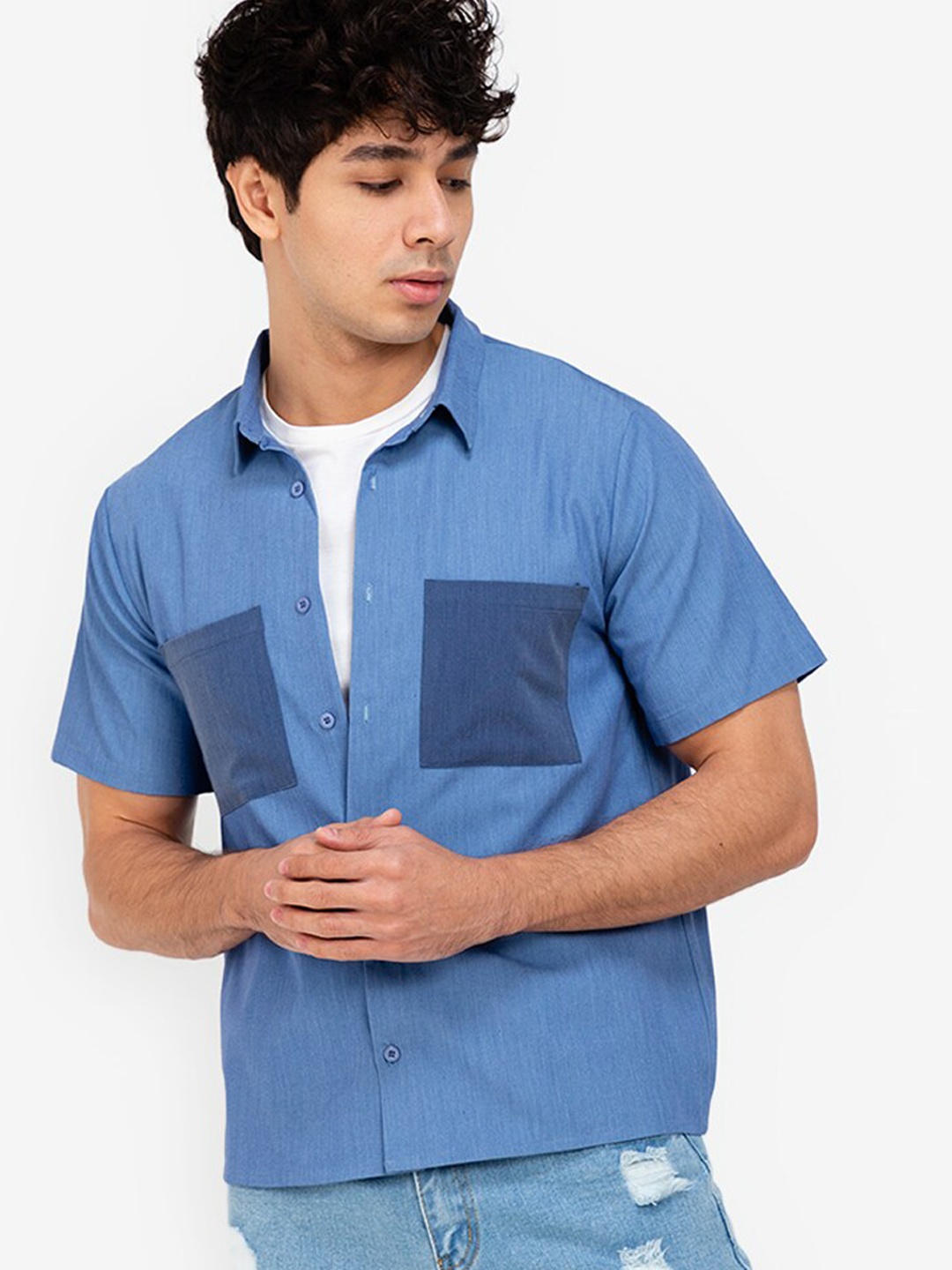

ZALORA BASICS Men Blue Colourblocked Regular Fit Casual Shirt