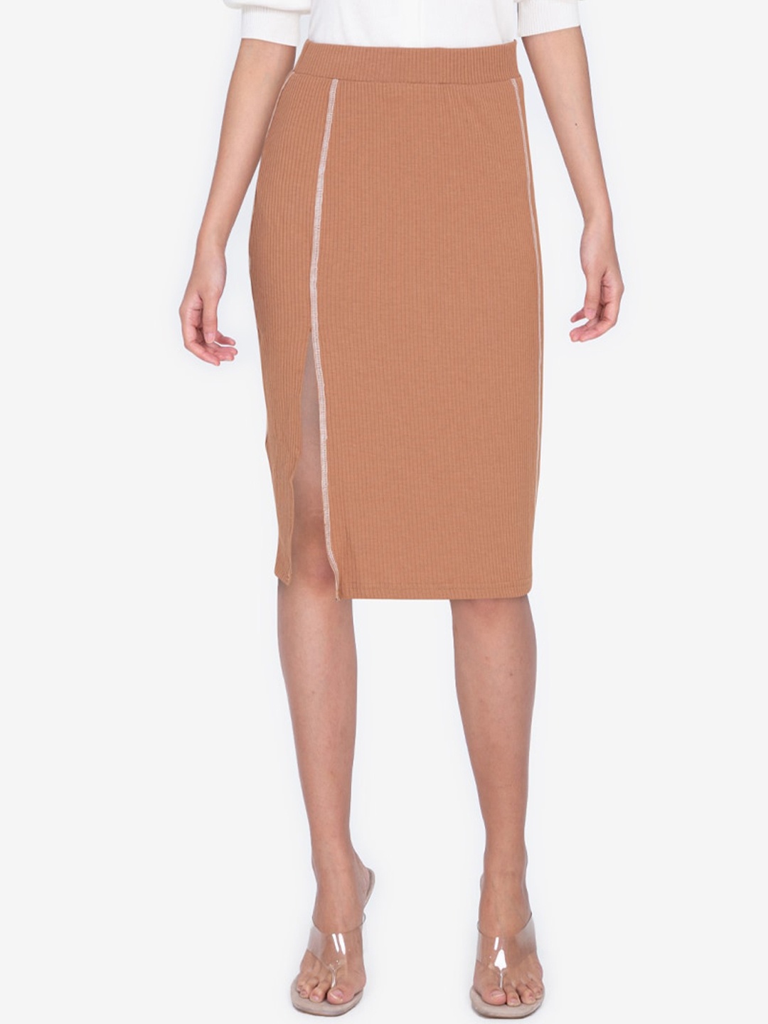 

ZALORA BASICS Women Beige Rib Skirt with Contrast Trim