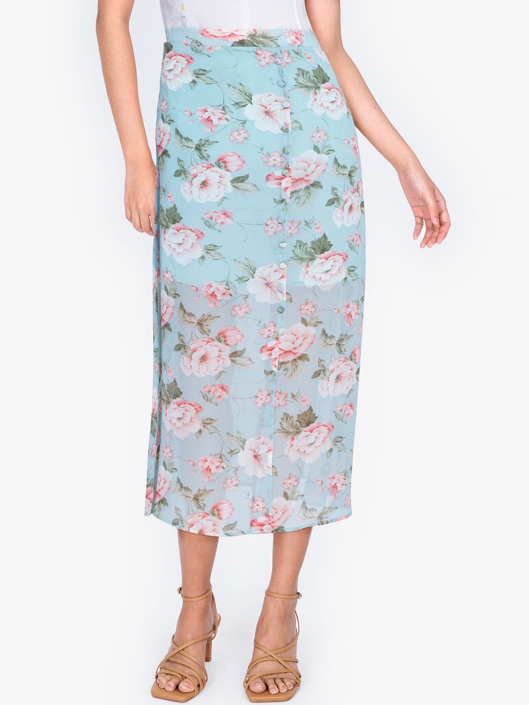 

ZALORA BASICS Women Blue & Pink Button Front Midi Skirt with Slit