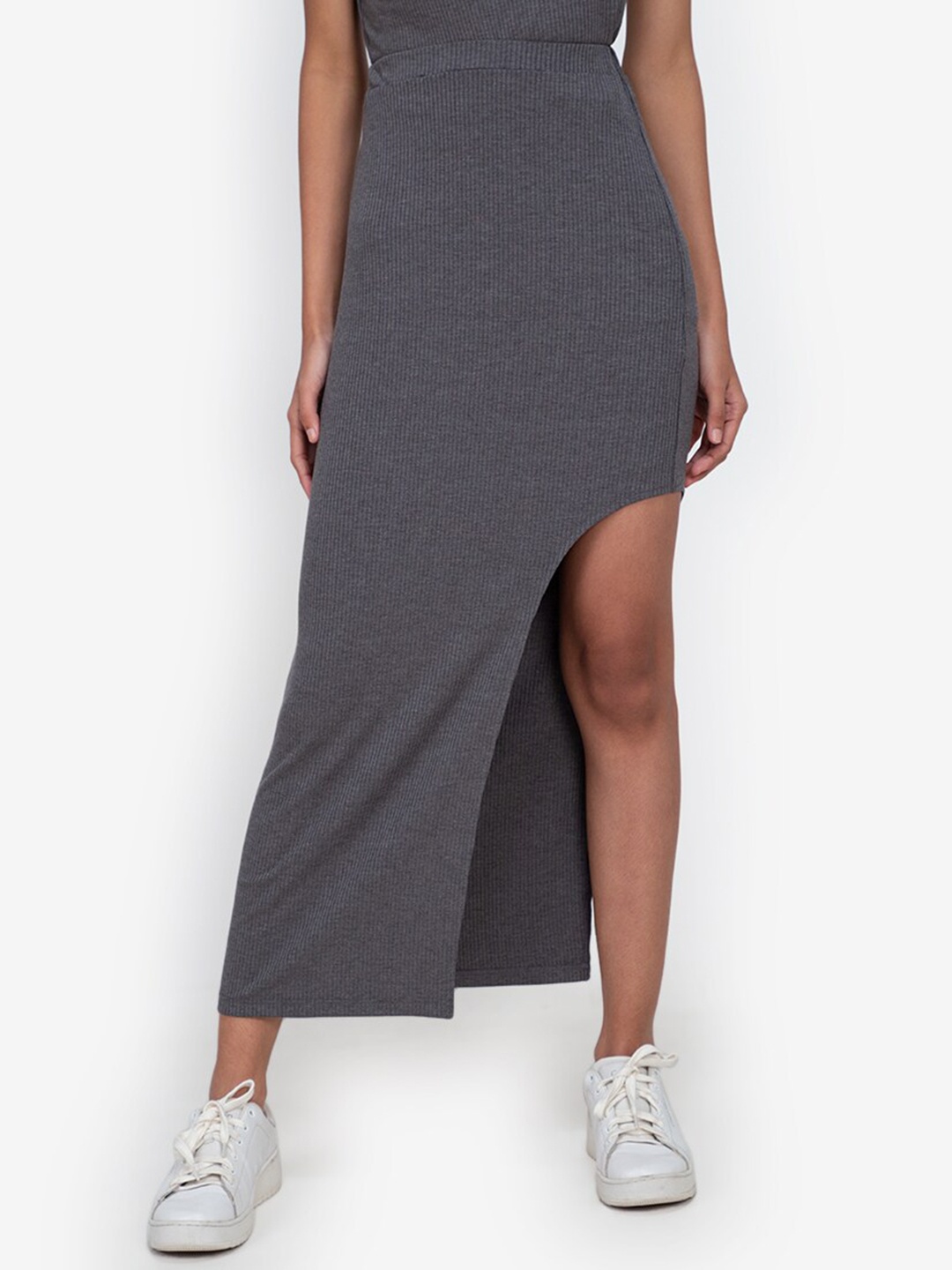 

ZALORA BASICS Women Grey Solid Side Slit Maxi Rib Skirt