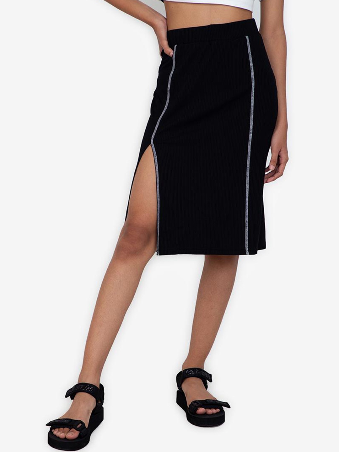 

Ruched Split Hem Skirt, Black