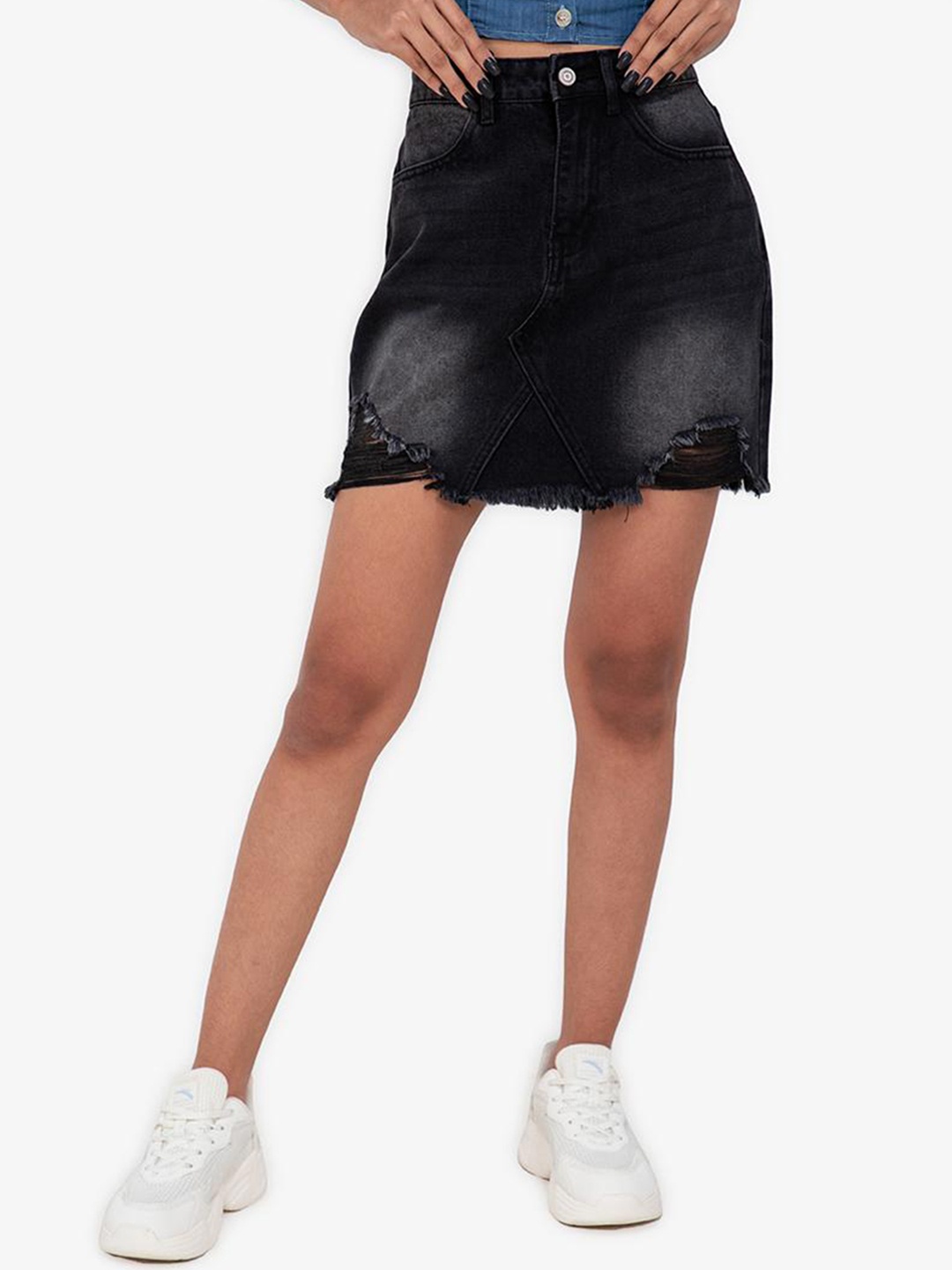 

ZALORA BASICS Women Black Frayed Ripped Mini Denim Skirt