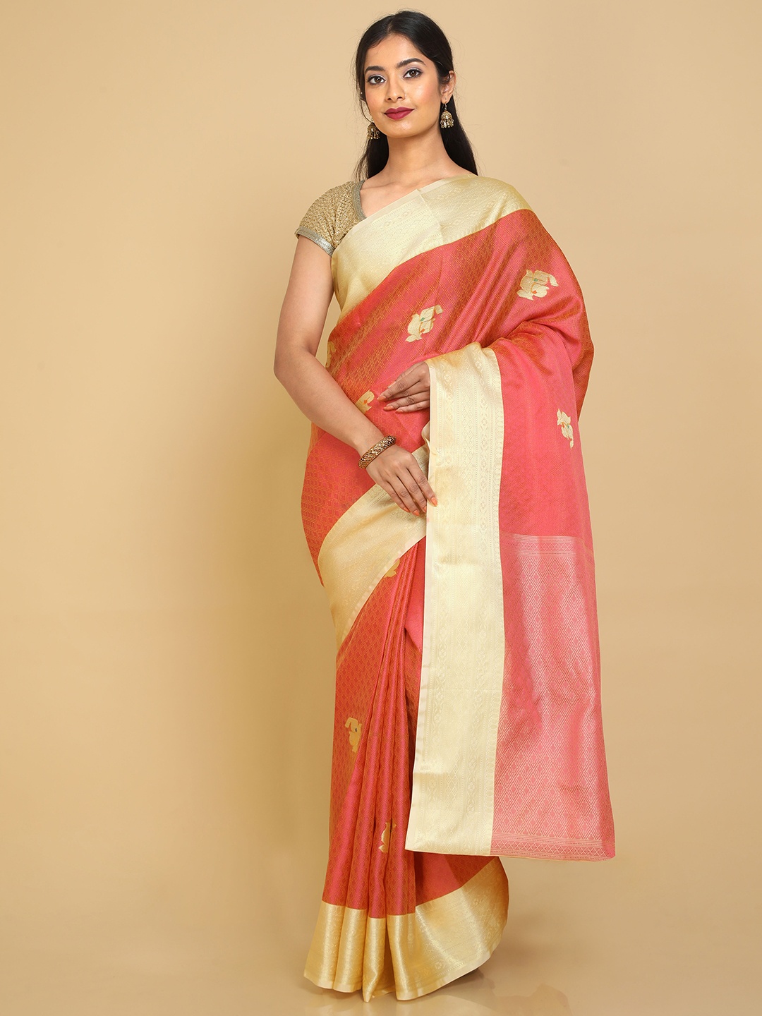 

Kalamandir Peach-Coloured & Gold-Toned Woven Design Zari Silk Blend Banarasi Saree