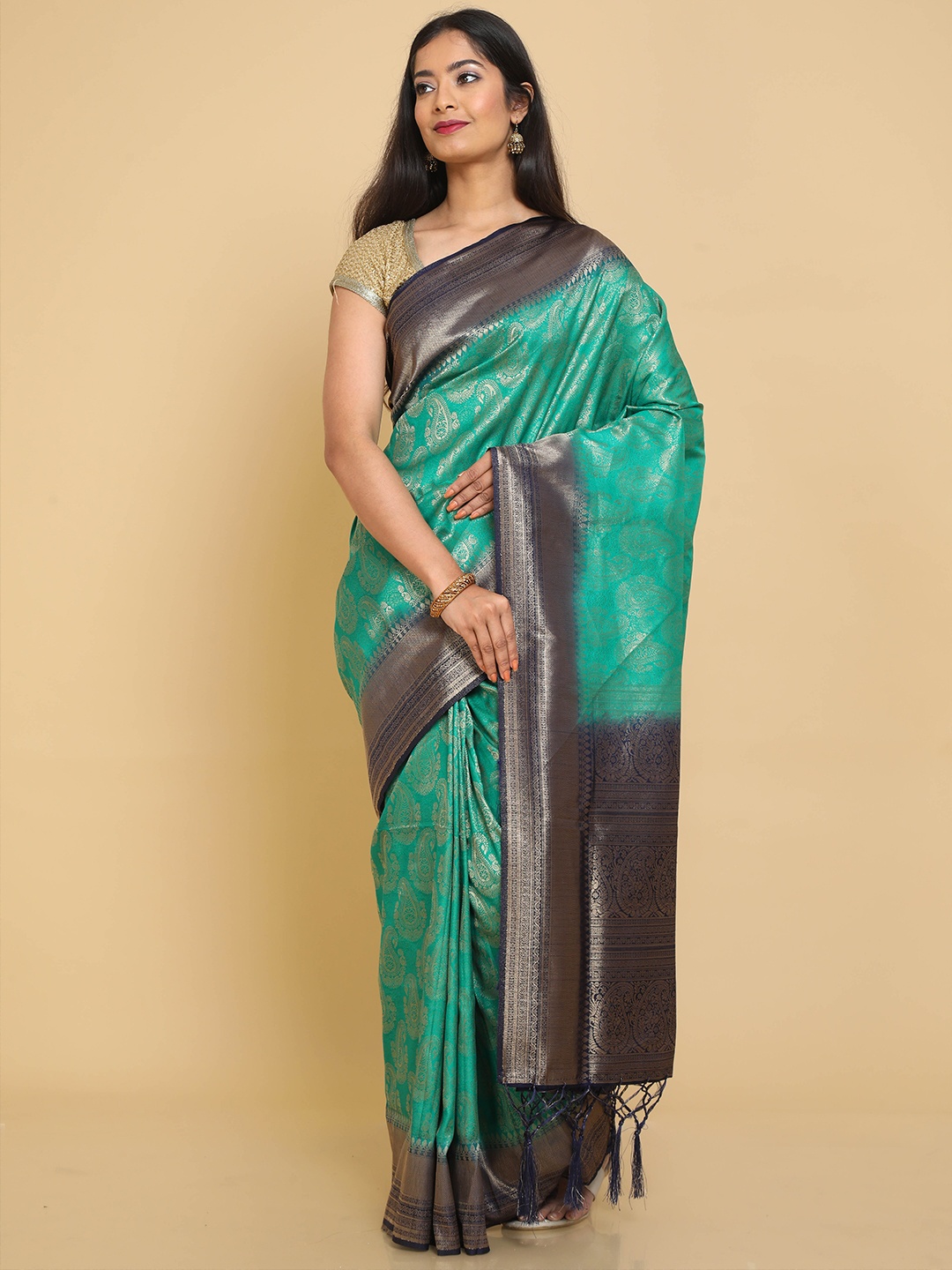 

Kalamandir Teal & Navy Blue Paisley Zari Silk Blend Banarasi Saree