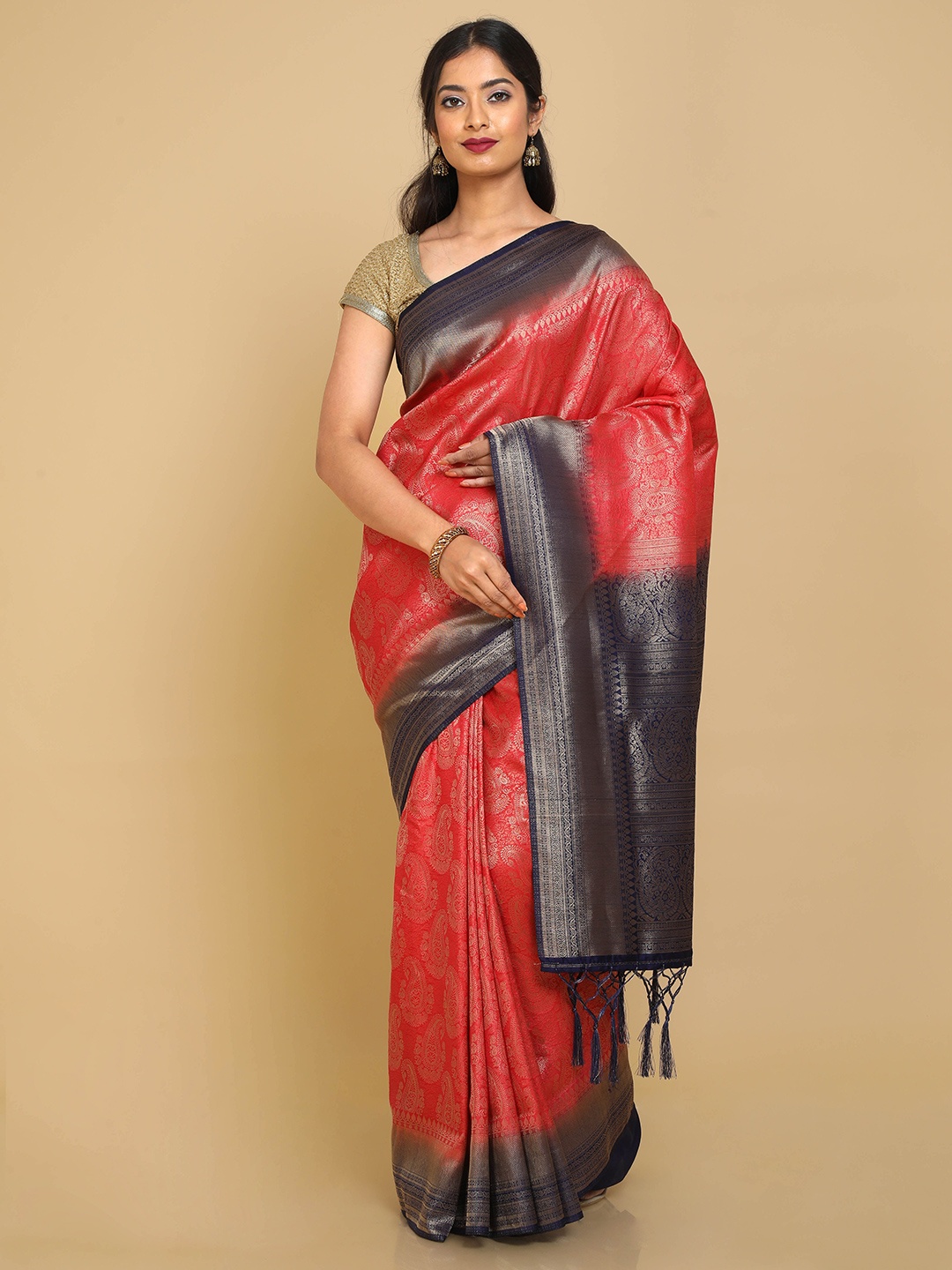 

Kalamandir Red & Navy Blue Paisley Zari Silk Blend Banarasi Saree