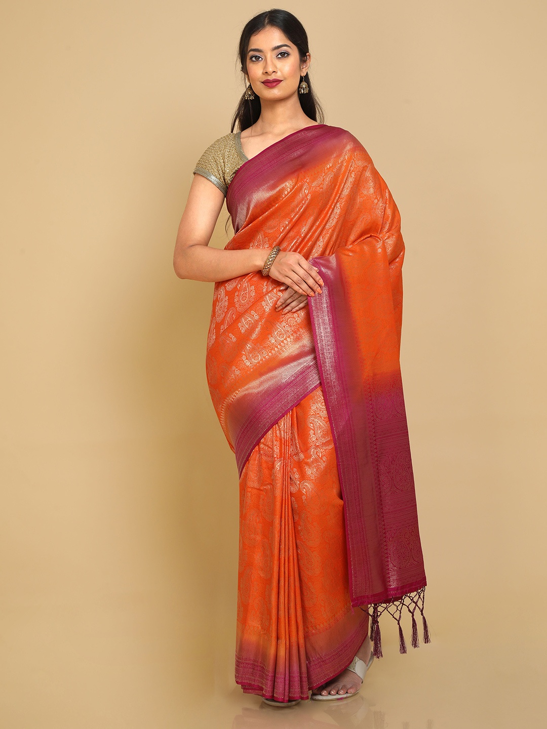 

Kalamandir Orange & Gold-Toned Woven Design Zari Silk Blend Banarasi Saree