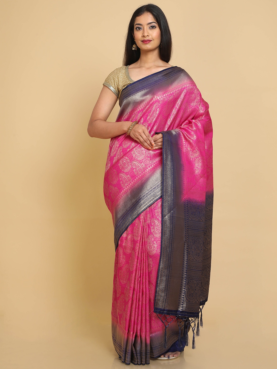 

Kalamandir Pink & Navy Blue Paisley Zari Silk Blend Banarasi Saree