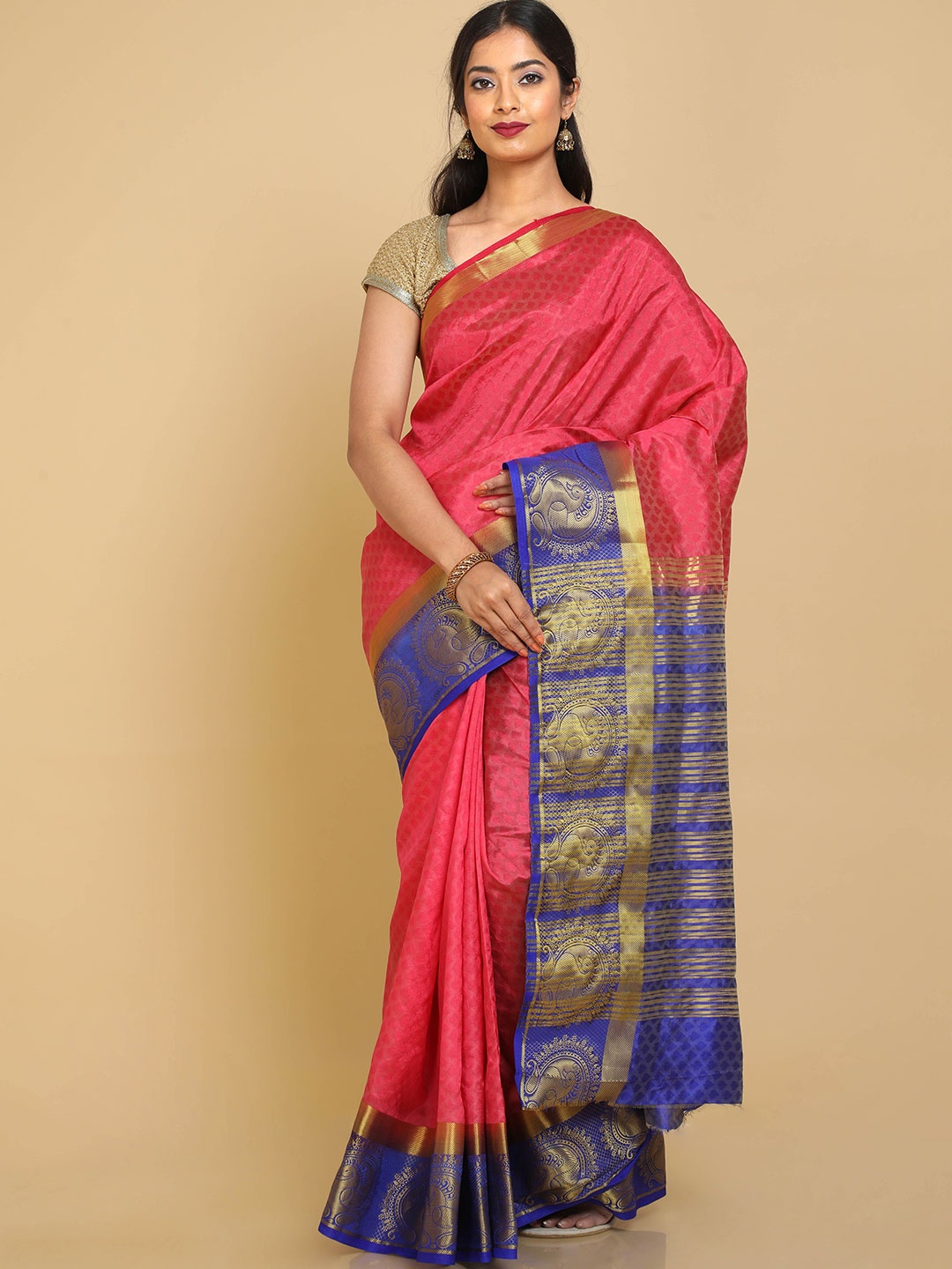 

Kalamandir Pink & Blue Ethnic Motifs Zari Banarasi Saree