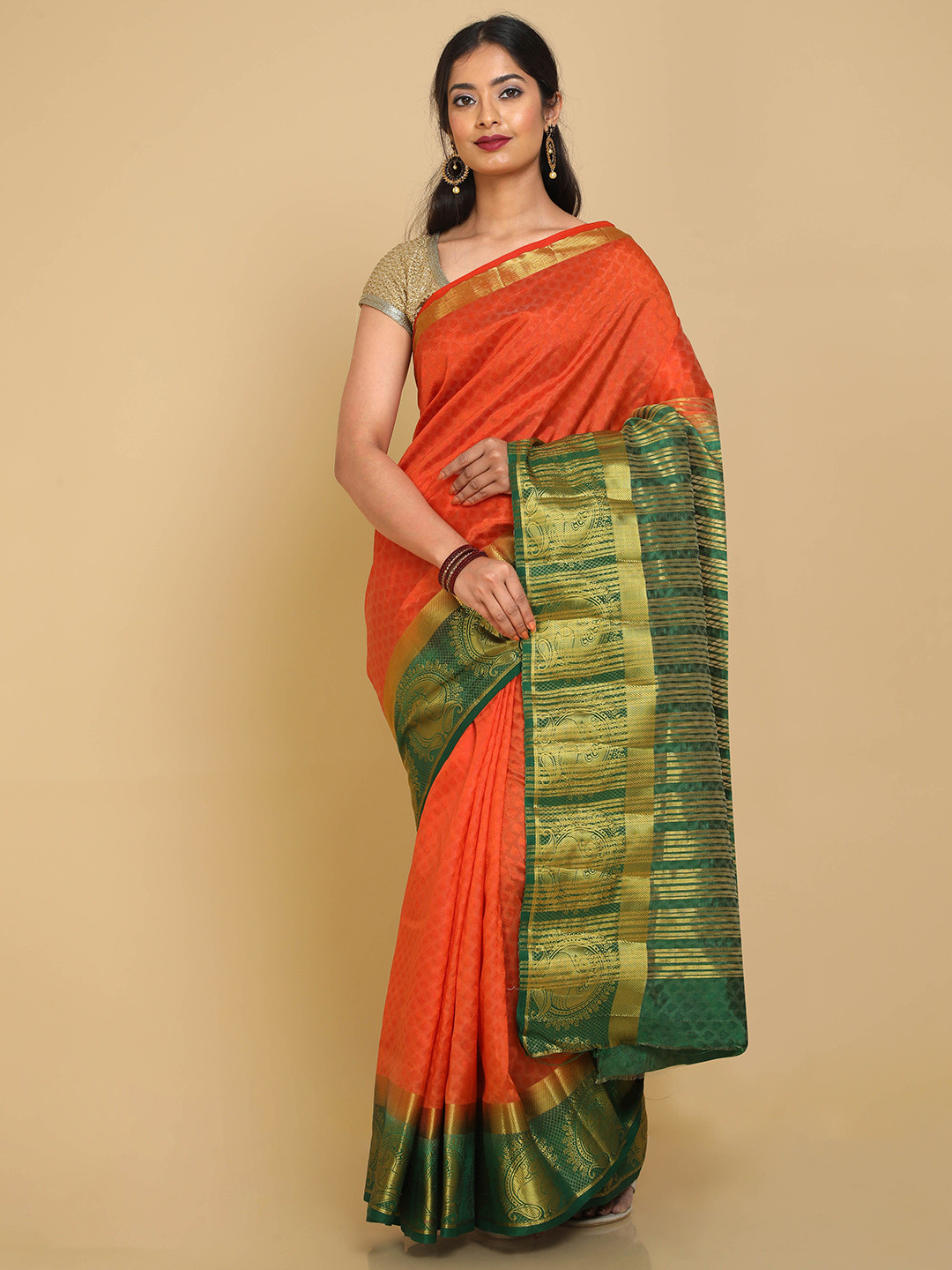

Kalamandir Orange & Green Woven Design Zari Banarasi Saree