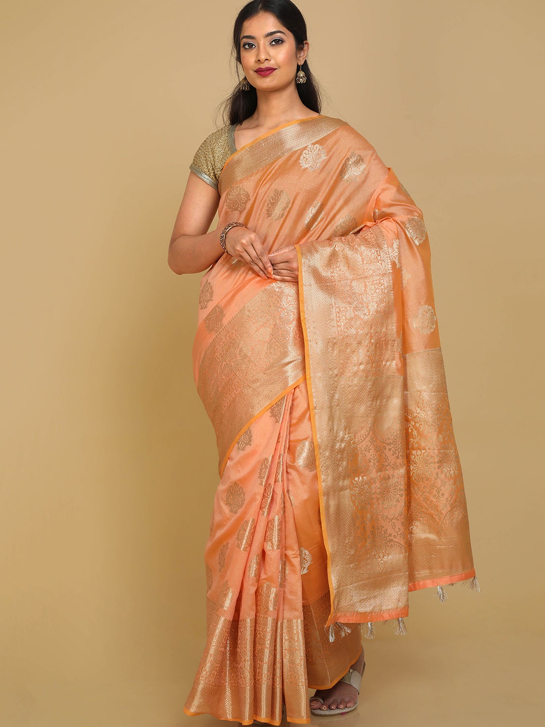 

Kalamandir Orange & Gold-Toned Woven Design Zari Silk Blend Banarasi Saree