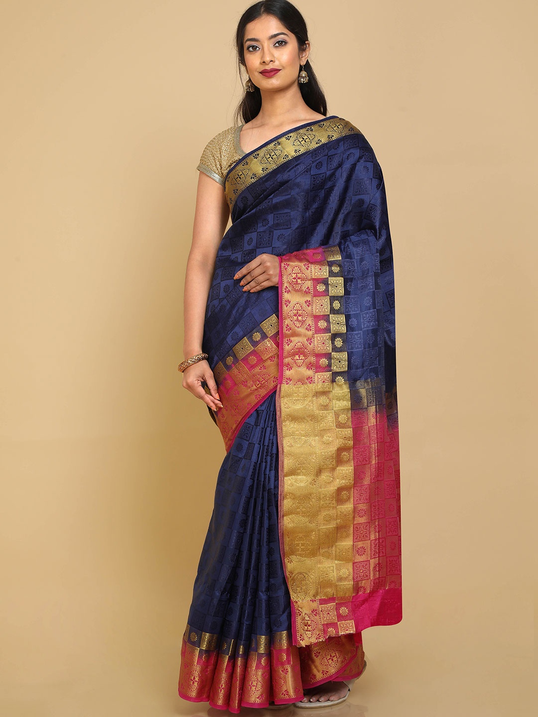 

Kalamandir Navy Blue & Magenta Ethnic Motifs Zari Banarasi Saree