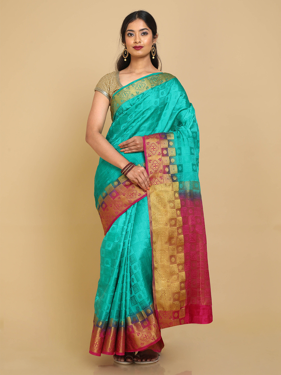 

Kalamandir Green & Pink Checked Zari Banarasi Saree