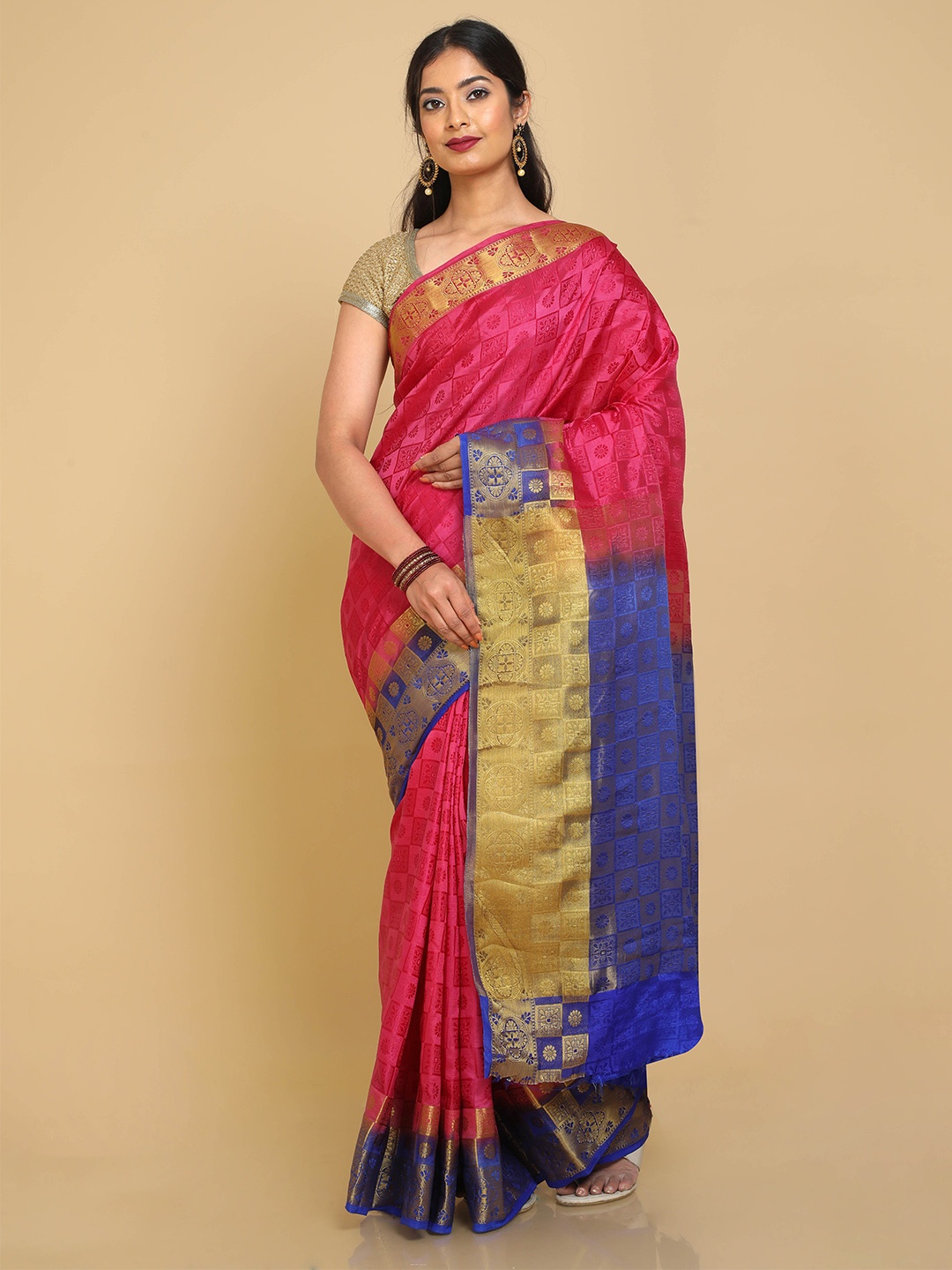 

Kalamandir Pink & Brown Ethnic Motifs Zari Banarasi Saree