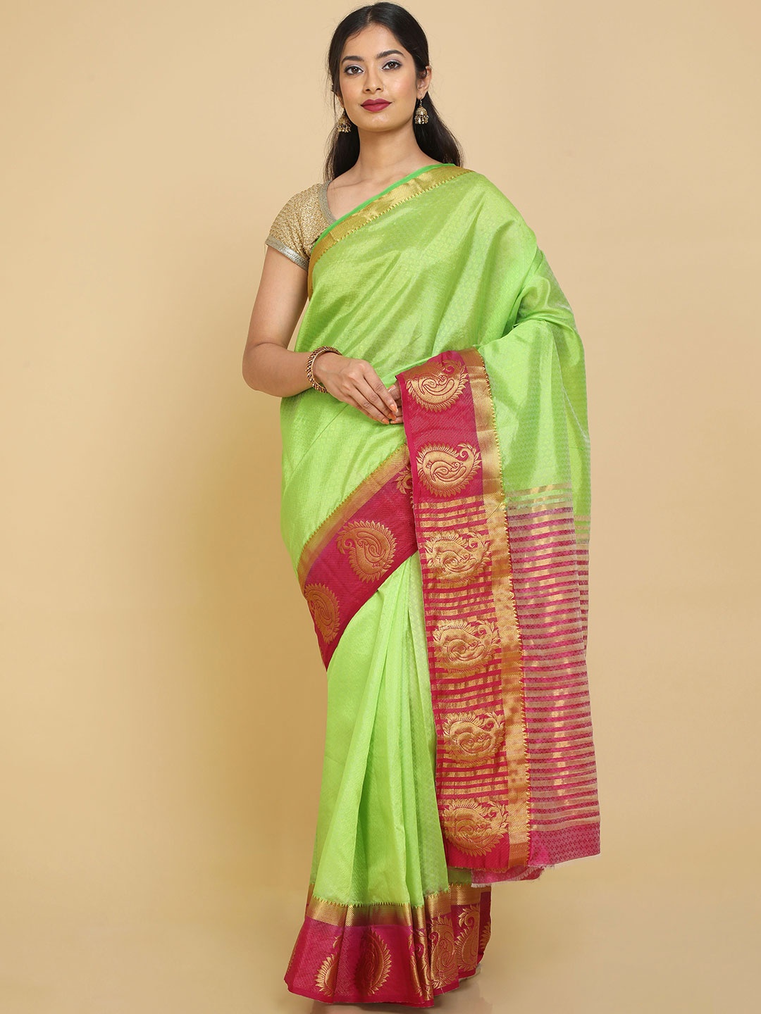 

Kalamandir Green & Pink Ethnic Motifs Banarasi Saree