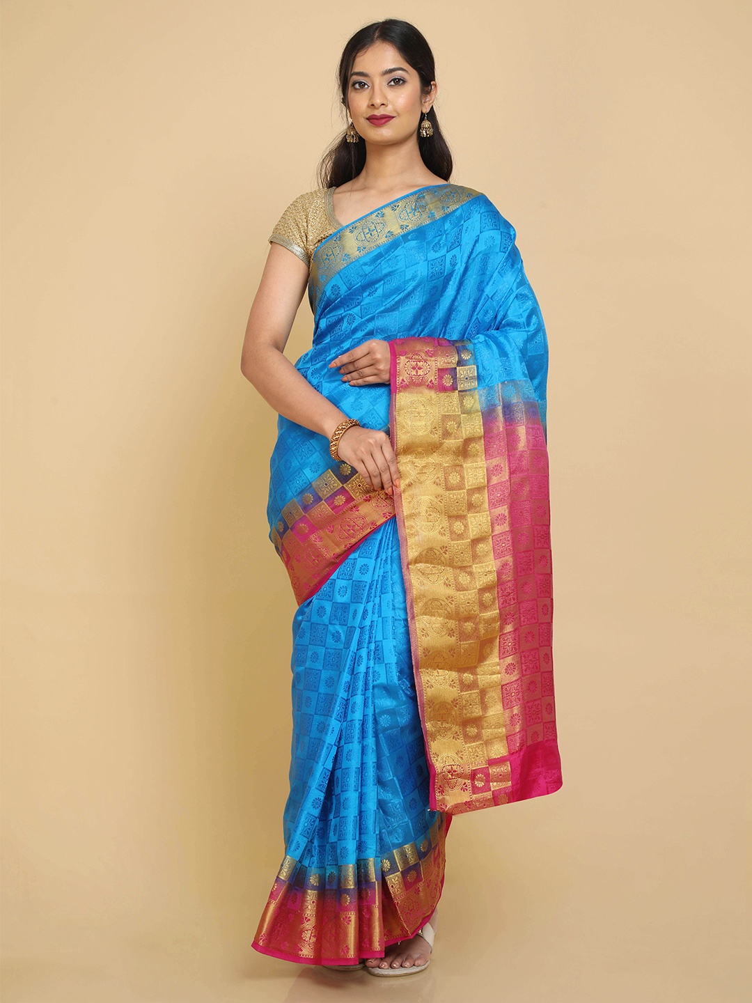 

Kalamandir Blue & Pink Woven Design Zari Pashmina Saree