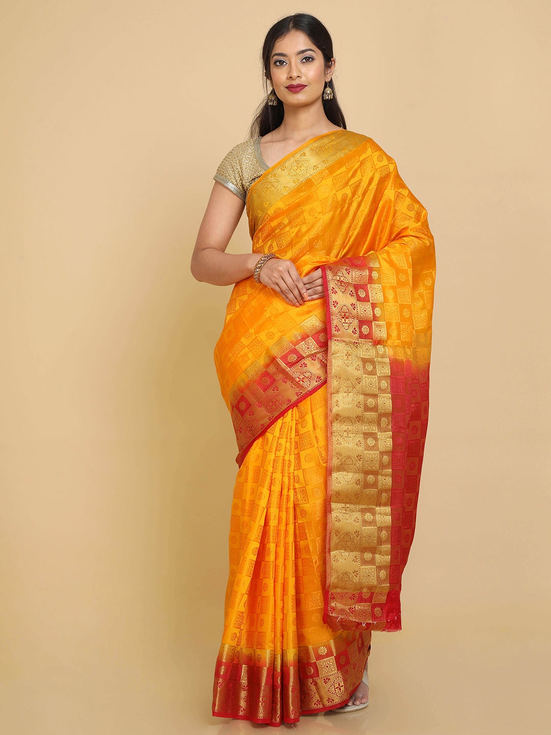 

Kalamandir Mustard & Red Checked Zari Banarasi Saree