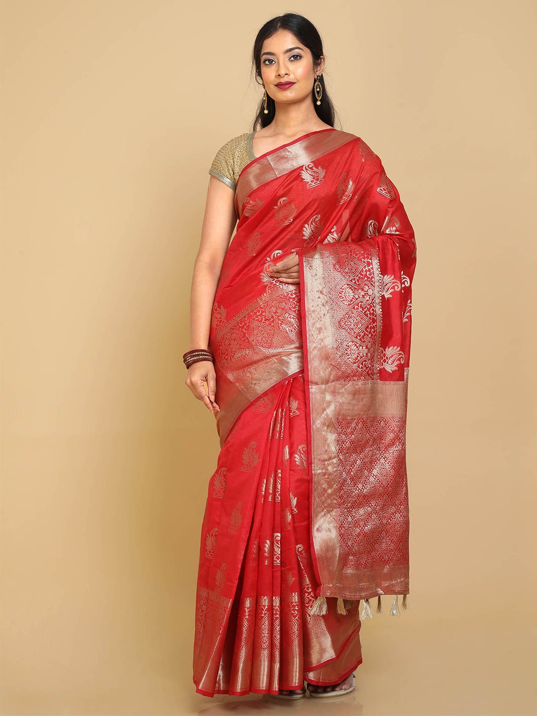

Kalamandir Red & Silver-Toned Woven Design Zari Silk Blend Banarasi Saree