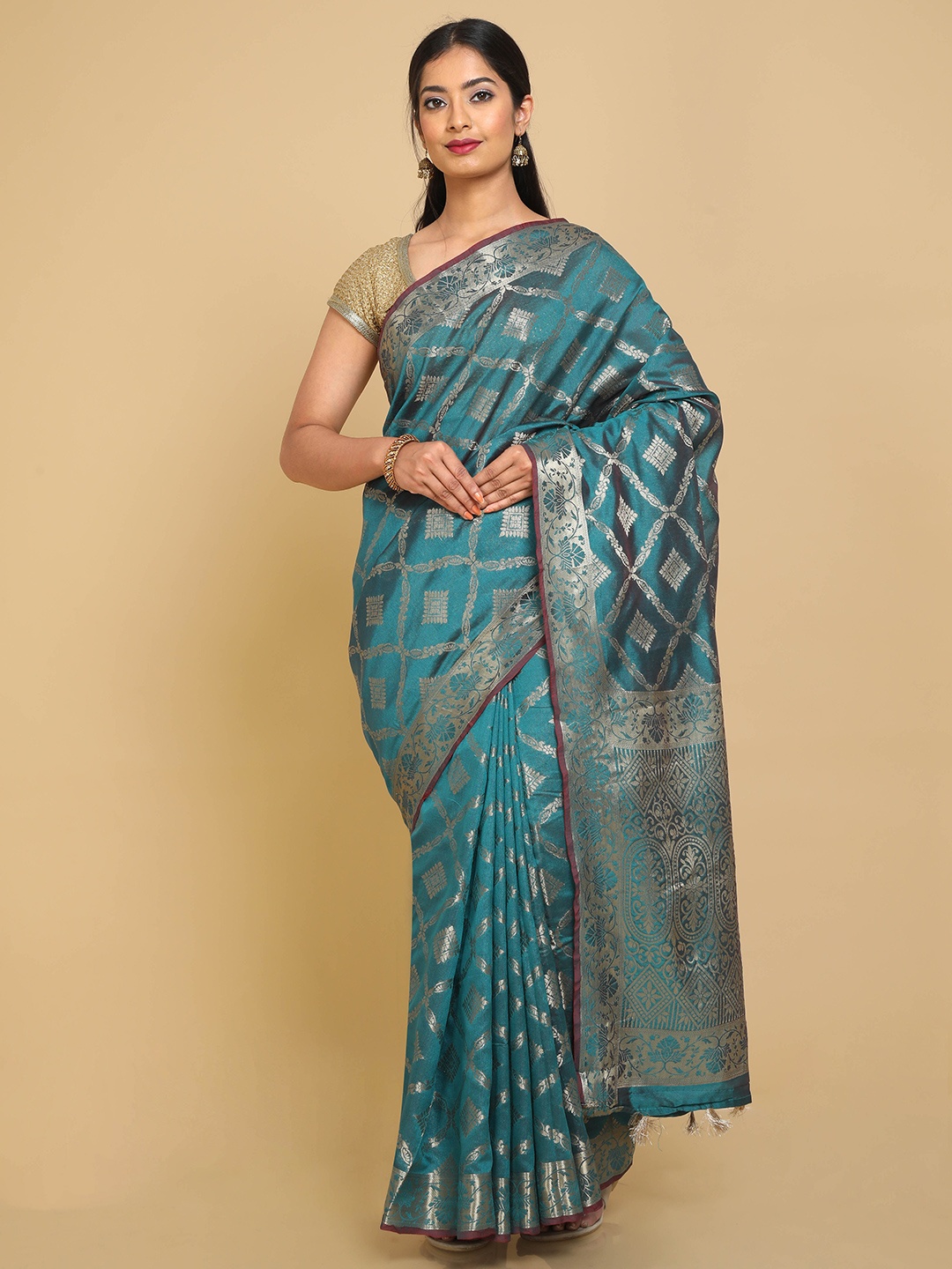 

Kalamandir Teal & Silver-Toned Woven Design Zari Silk Blend Banarasi Saree