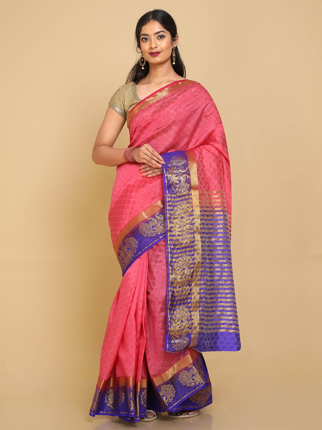 

Kalamandir Pink & Purple Floral Zari Banarasi Saree