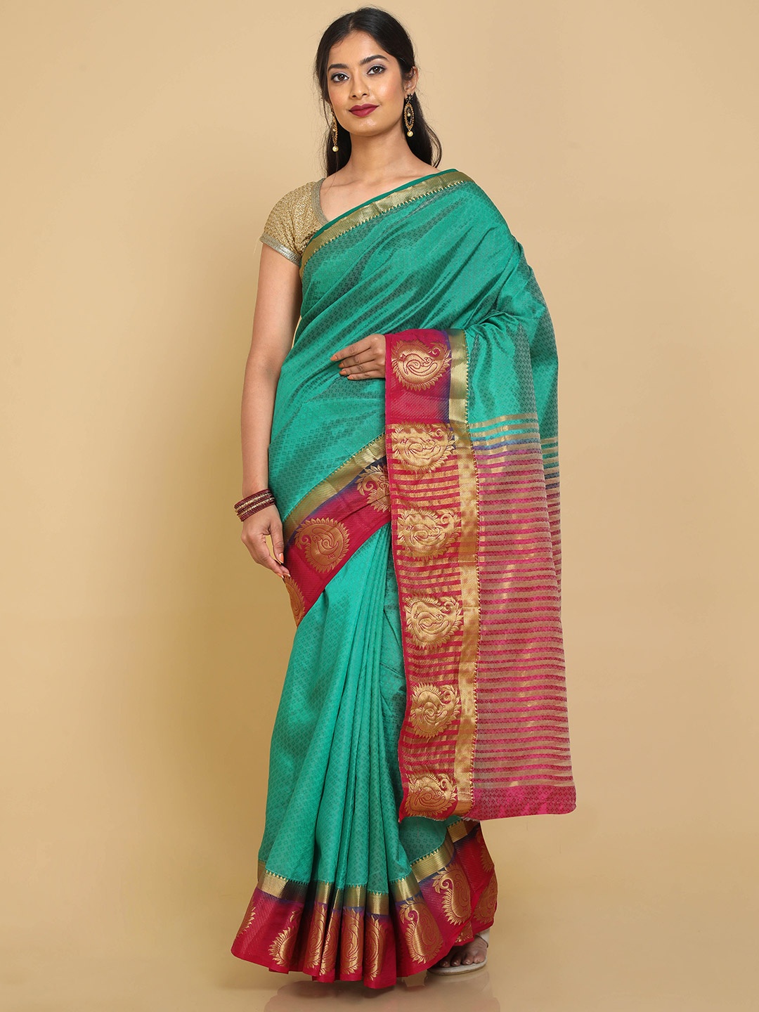 

Kalamandir Green & Magenta Ethnic Motifs Zari Banarasi Saree