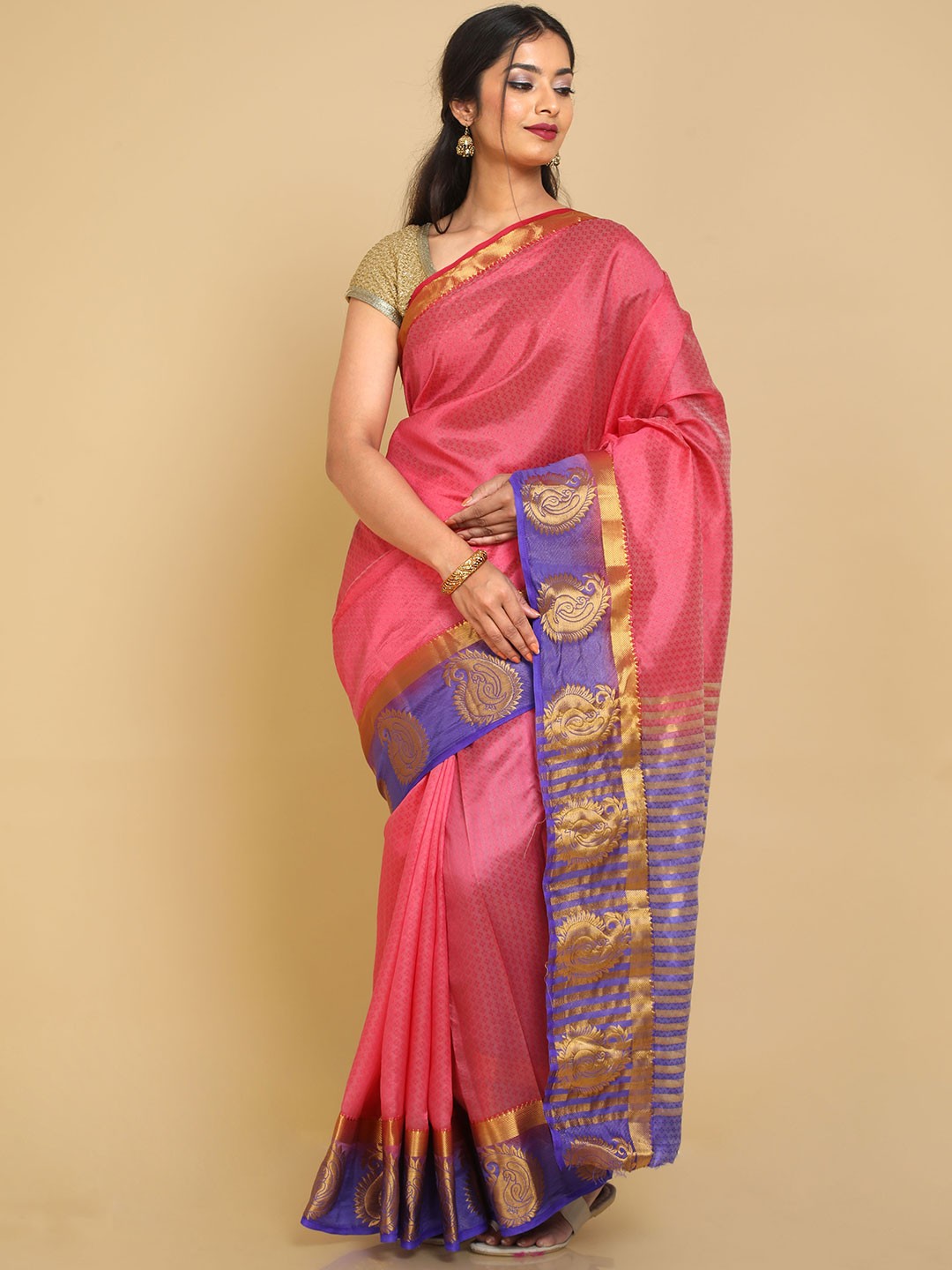 

Kalamandir Pink & Blue Ethnic Motifs Pashmina Banarasi Saree