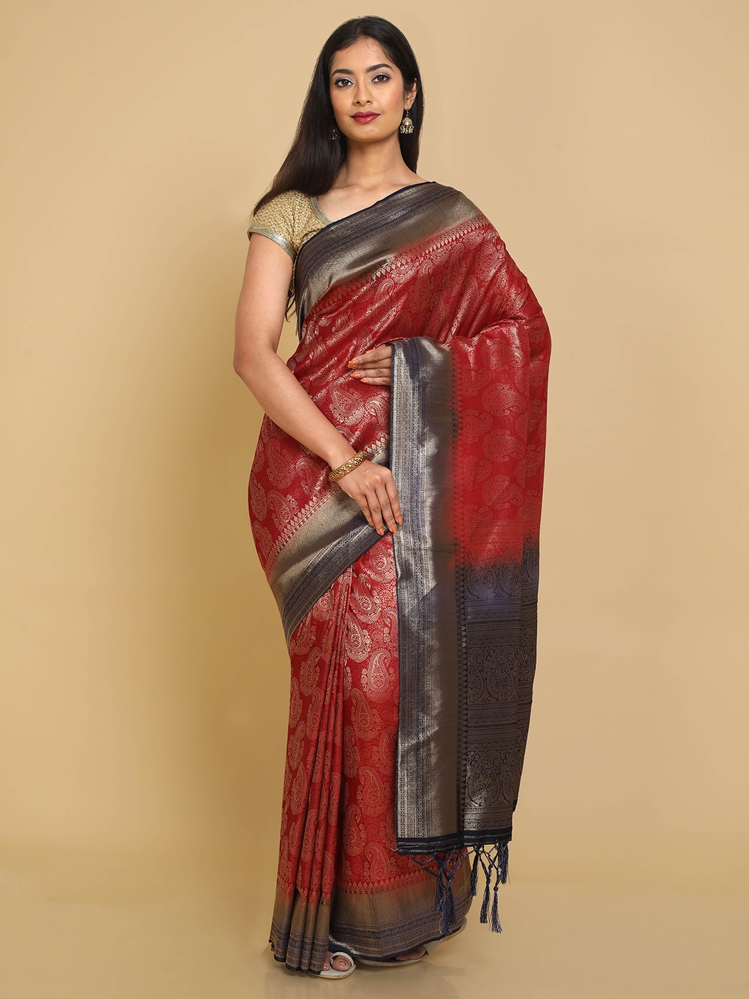 

Kalamandir Maroon & Navy Blue Ethnic Motifs Silk Blend Banarasi Saree