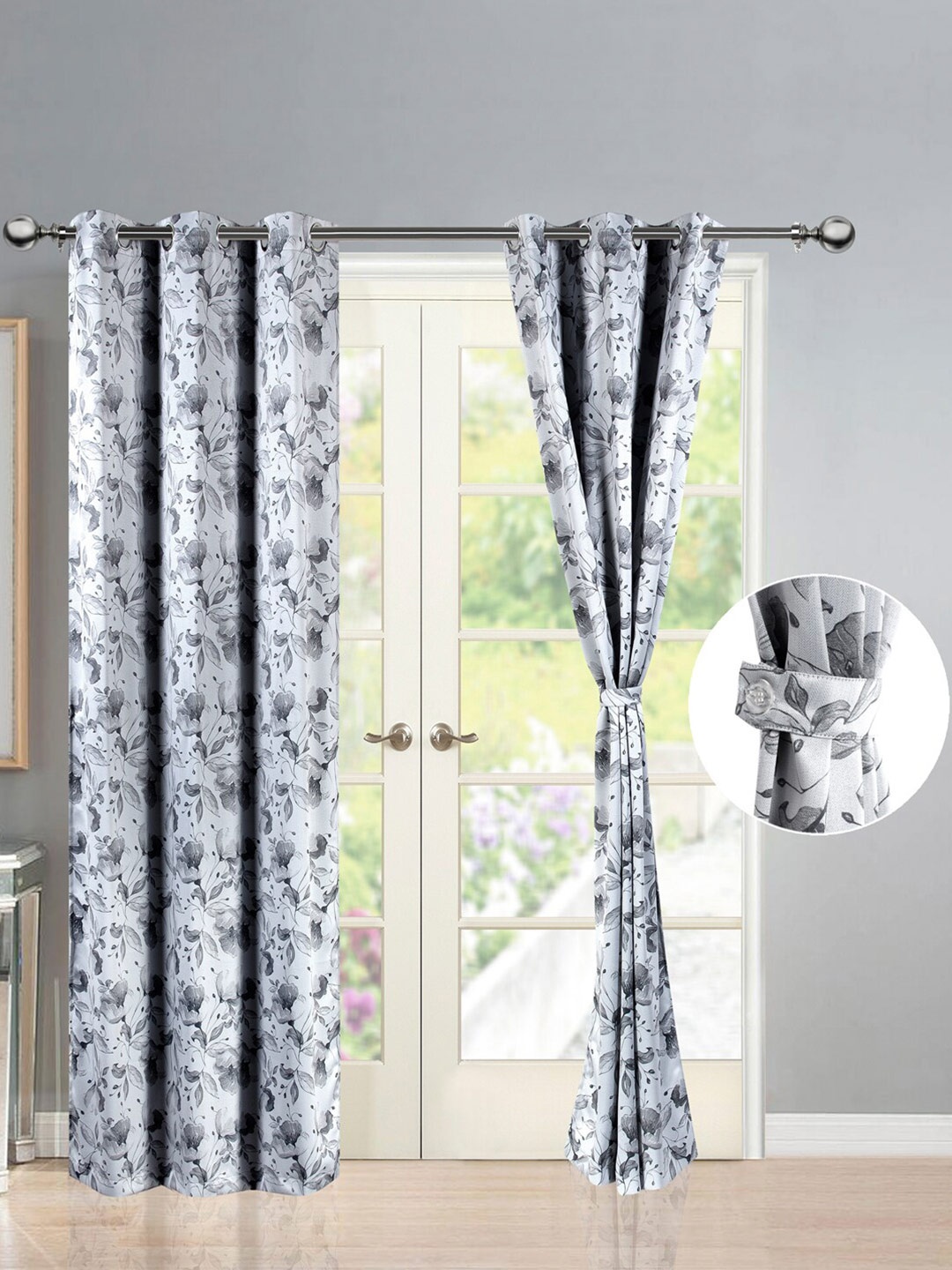 

Deco Window Grey Set of 2 Floral Room Darkening Door Curtain