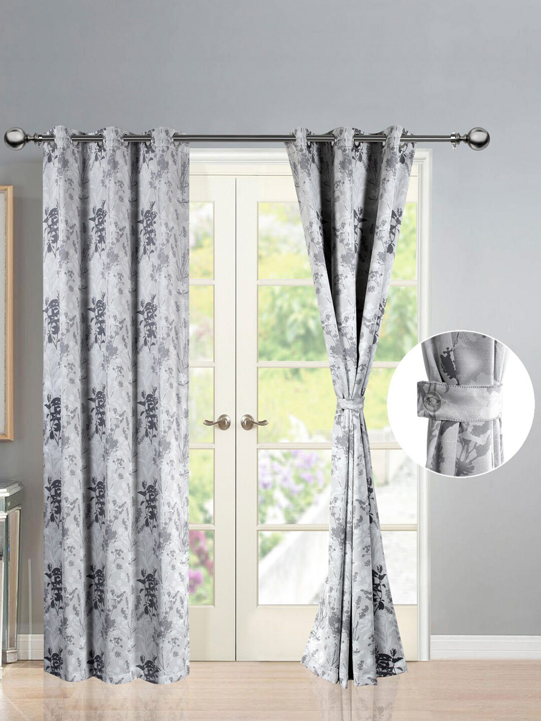 

Deco Window Grey Set of 2 Floral Room Darkening Door Curtain