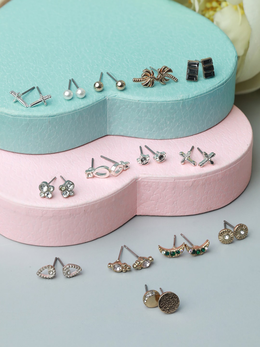 

PRITA BY PRIYAASI Set Of 14 Silver-Toned Contemporary Studs Earrings