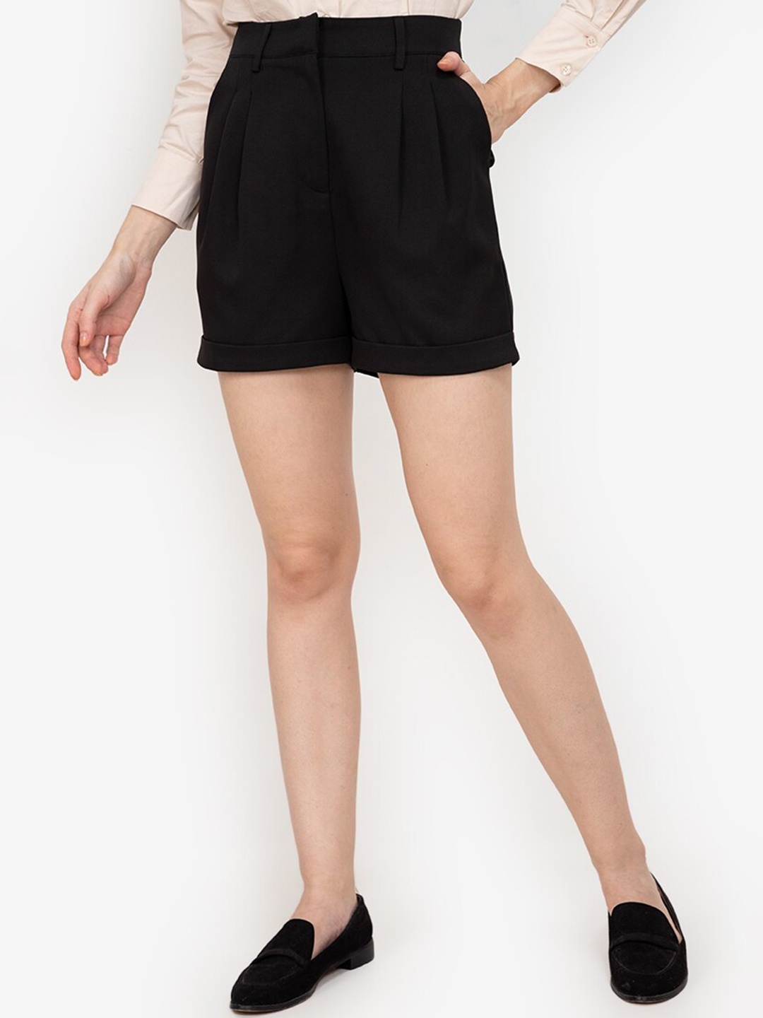

ZALORA WORK Women Black High-Rise Folded Cuff Pleated Shorts