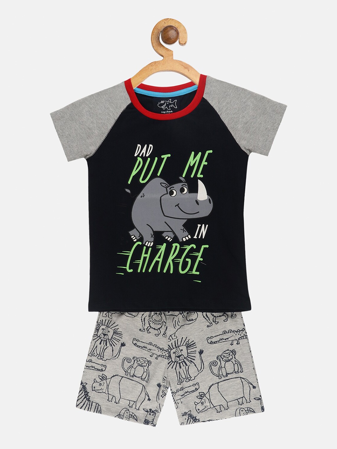 

Lazy Shark Boys Blue & Grey Printed T-shirt with Shorts