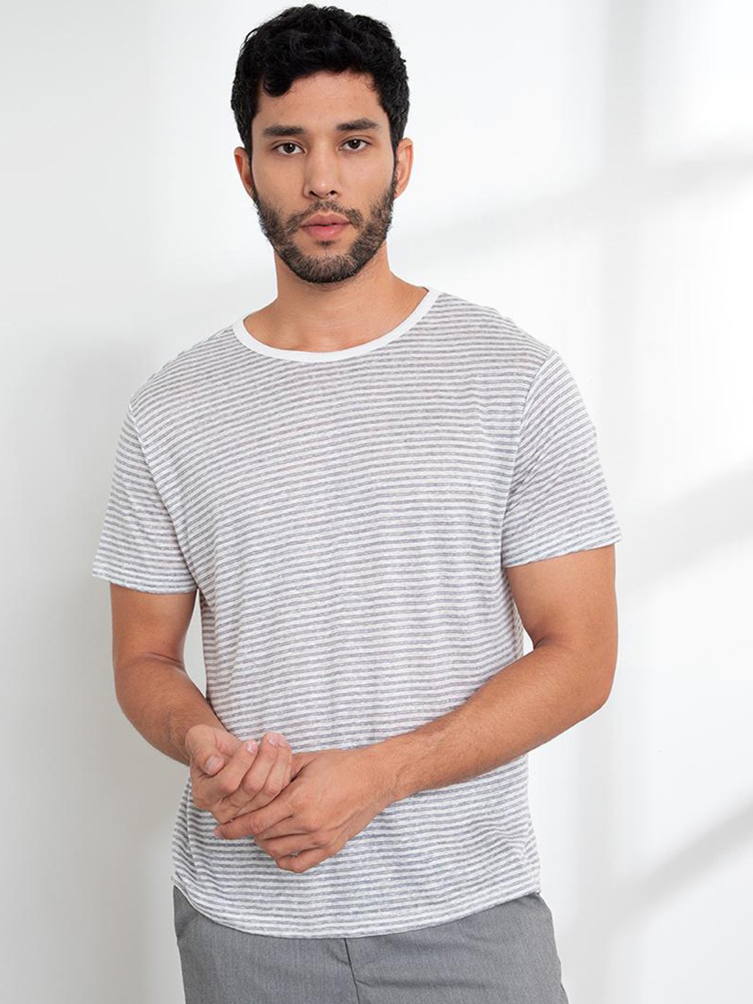 

ORIGIN BY ZALORA Men Multicoloured Stripe Crew Neck Linen T-Shirt, Multi