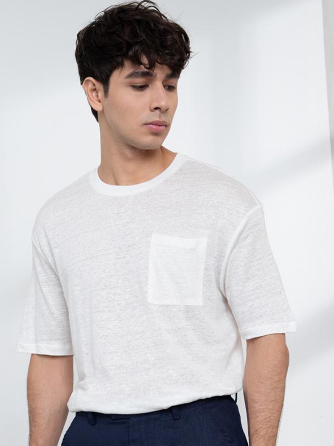 

ORIGIN BY ZALORA Men Peach-Coloured Linen T-shirt