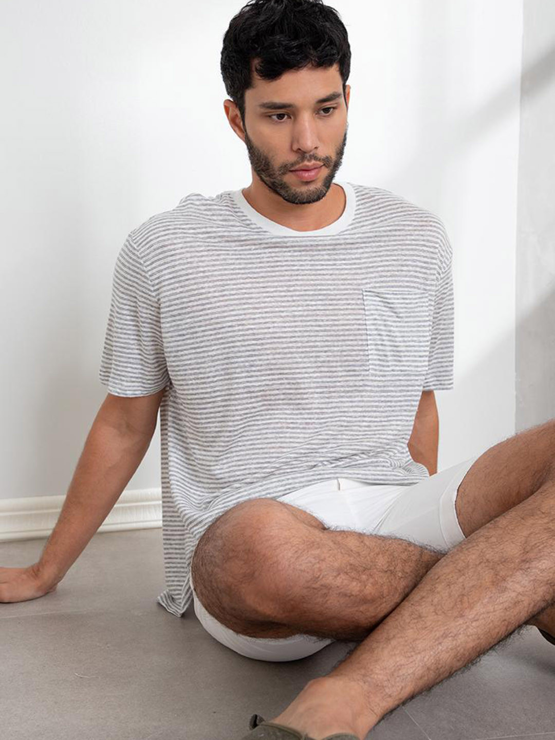 

ORIGIN BY ZALORA Men White & Blue Striped Linen T-shirt